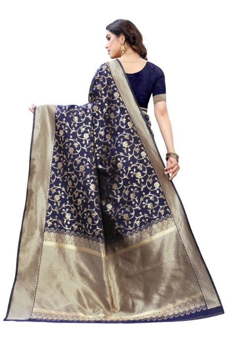 Vamika Banarasi Jacquard Weaving Navy Blue Saree (PARINITI NAVY) | Grocsy