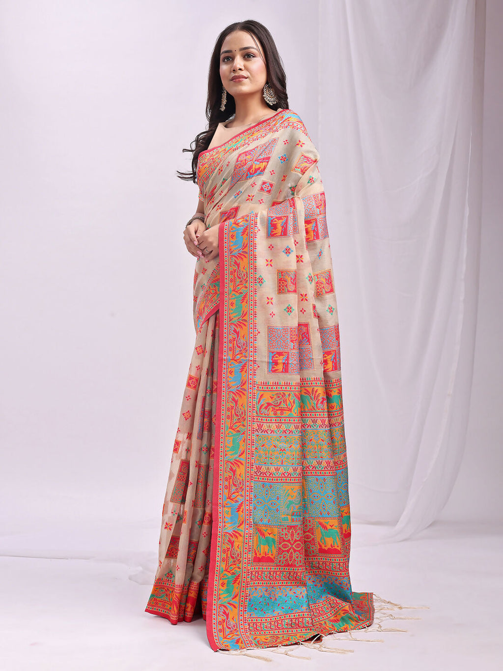 Shree Shyam Fashion Vastraloom Off White Linen Cotton Saree | Grocsy