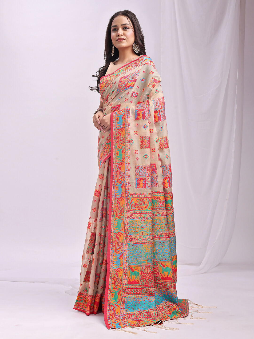 Shree Shyam Fashion Vastraloom Off White Linen Cotton Saree | Grocsy
