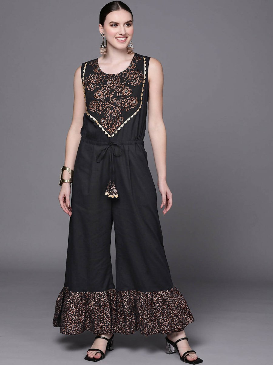 Ahalyaa Women Black Printed Basic Jumpsuit | Grocsy