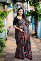 Black Cotton Blend Ajrak Saree with Unstitched Blouse - Hiral Fashion | Grocsy