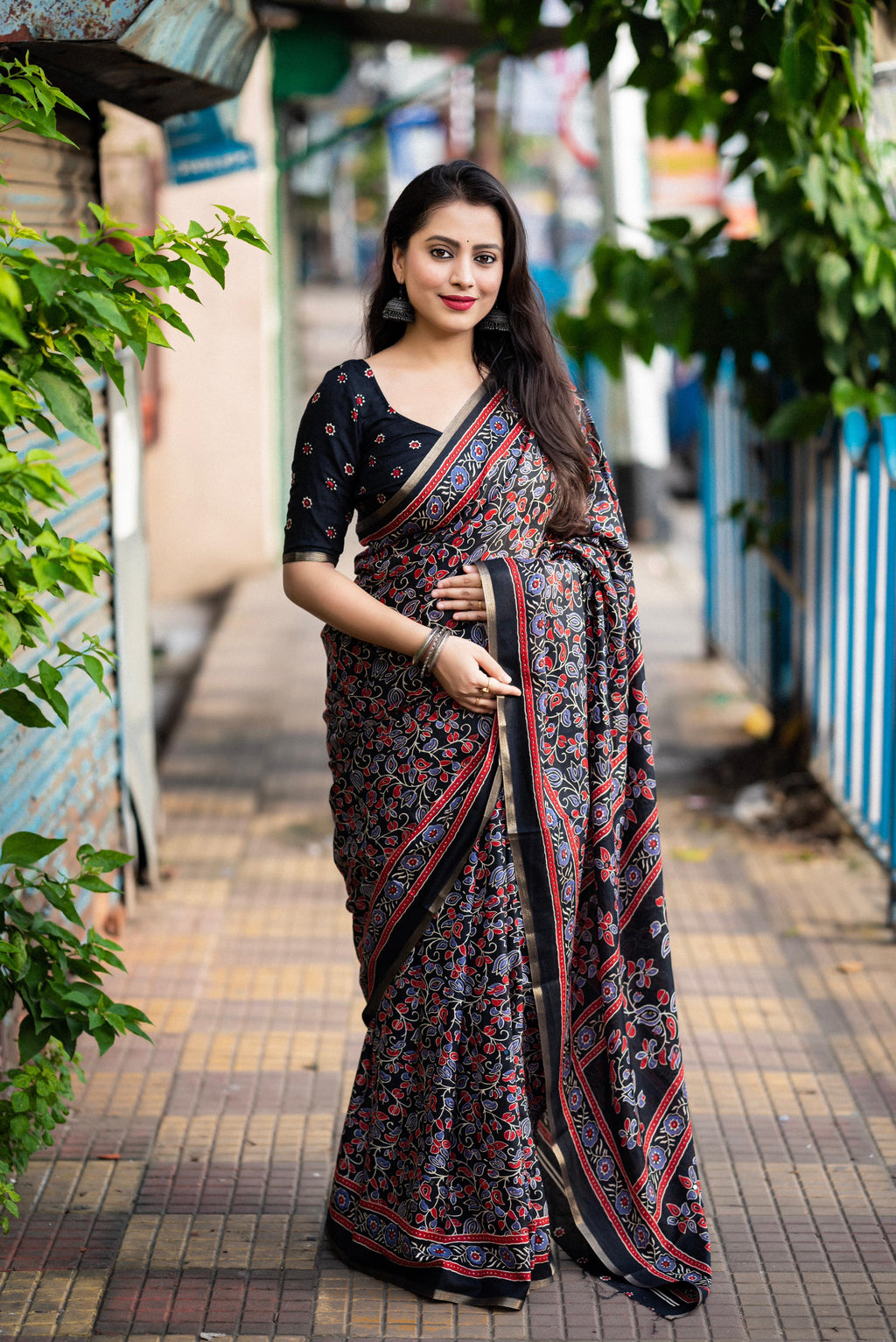 Black Cotton Blend Ajrak Saree with Unstitched Blouse - A2M | Grocsy