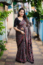 Black Cotton Blend Ajrak Saree with Unstitched Blouse - A2M | Grocsy
