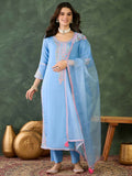 The52 Women's Gorgeous Embroidery Work Viscose Silk Fabric Straight Kurta Pant and Dupatta Set | Grocsy