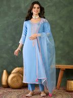 The52 Women's Gorgeous Embroidery Work Viscose Silk Fabric Straight Kurta Pant and Dupatta Set | Grocsy