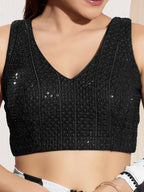 Joban Fashion Black Sequin Padded Blouse With V Neck Sleeveless | Grocsy