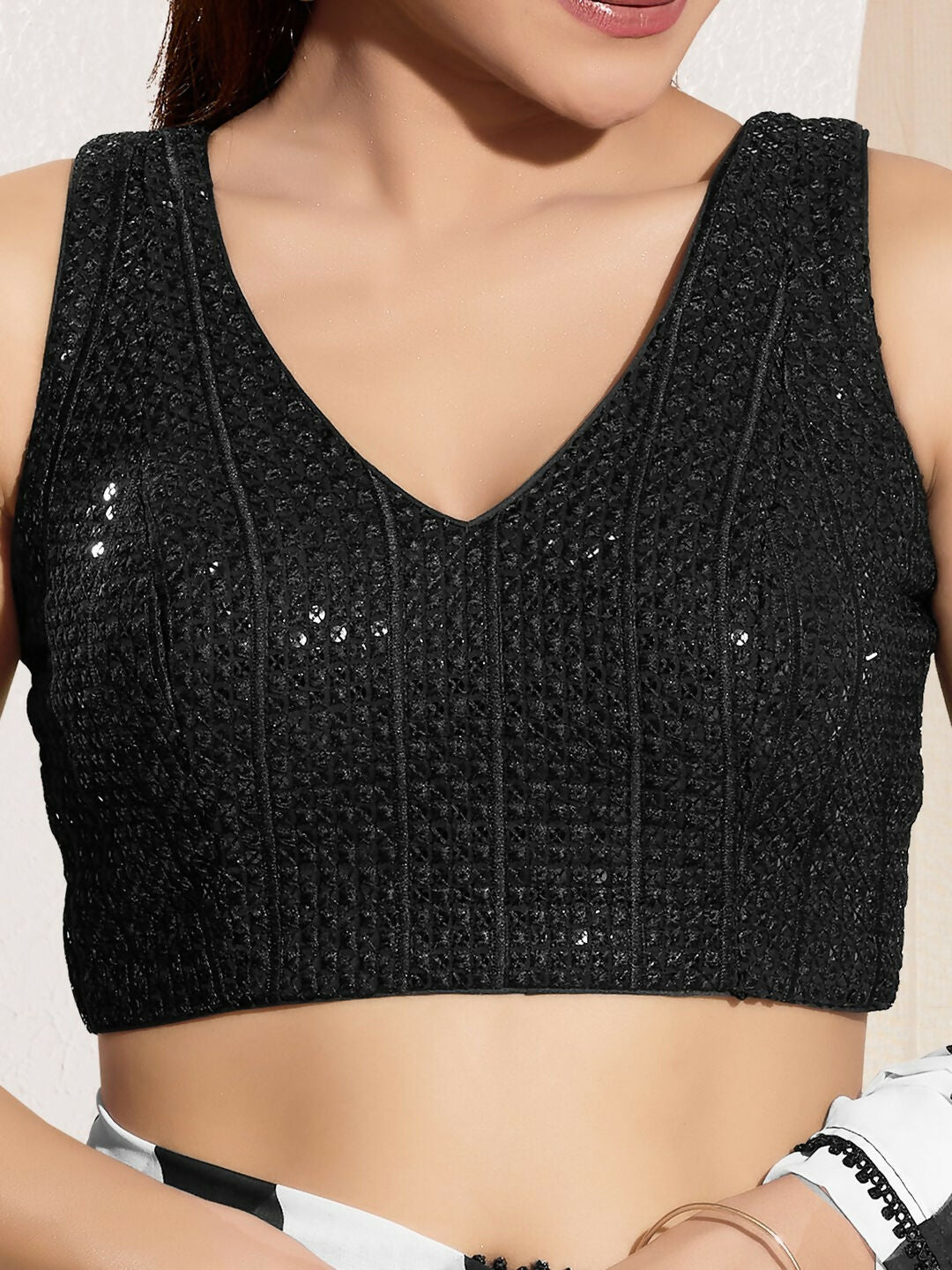 Joban Fashion Black Sequin Padded Blouse With V Neck Sleeveless | Grocsy