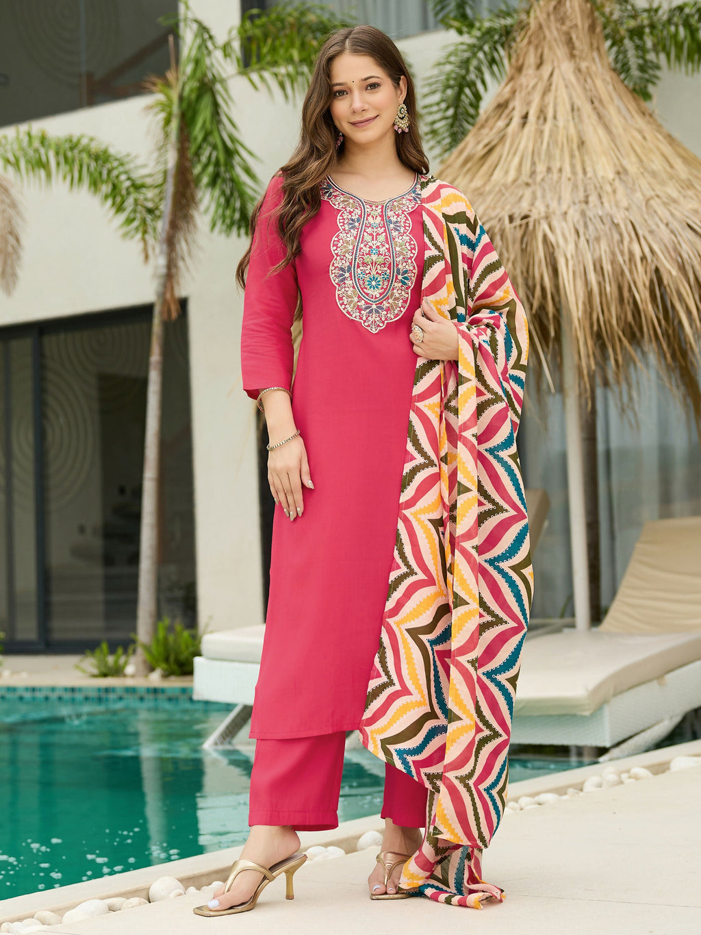 The52 Women's Beautiful Rayon Fabric Embroidery Work Straight Kurta Pant and Dupatta Set | Grocsy