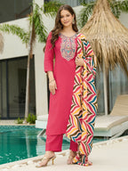 The52 Women's Beautiful Rayon Fabric Embroidery Work Straight Kurta Pant and Dupatta Set | Grocsy