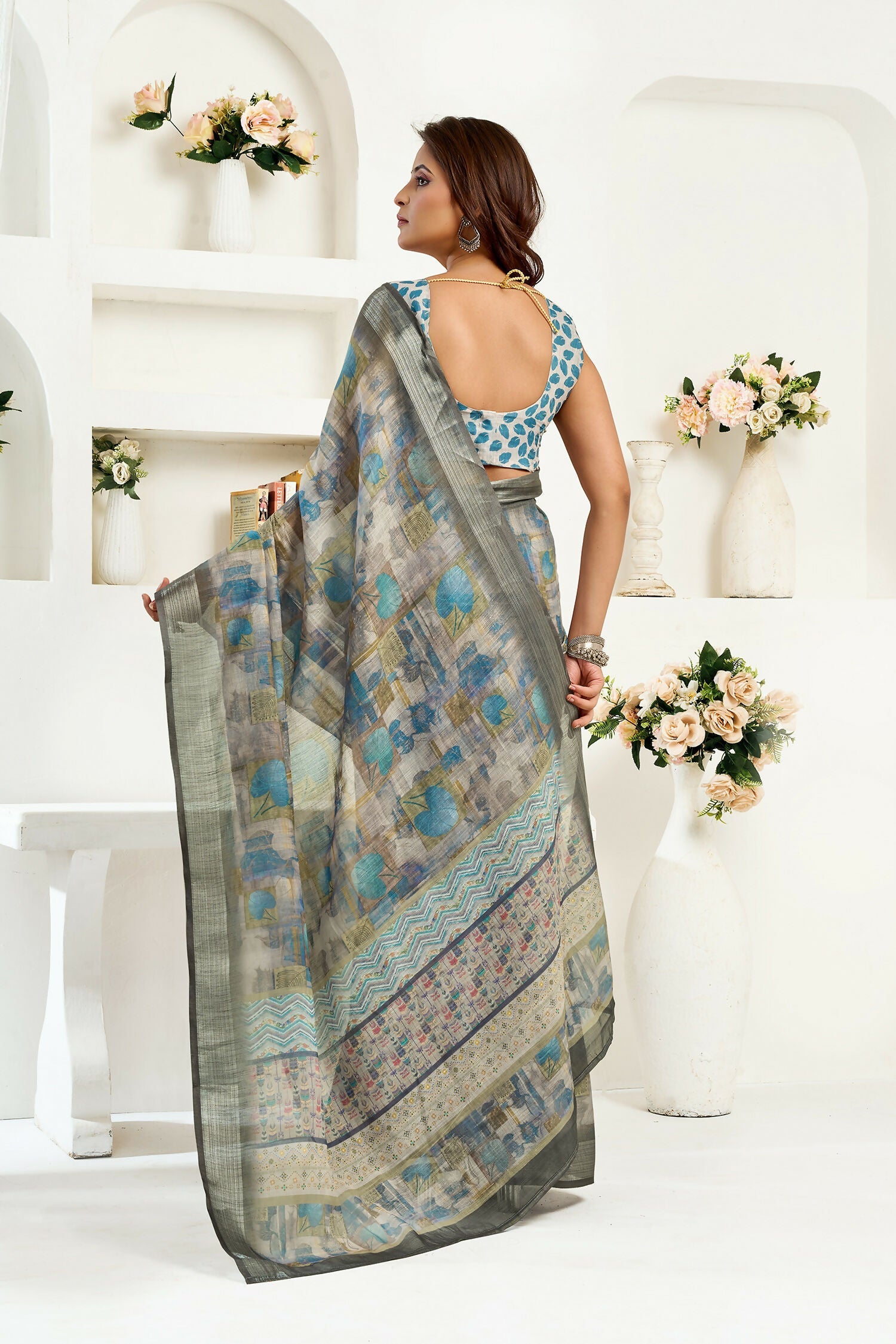 Joban Fashion  Dusty Brown Floral & Ethnic Motifs Linen Ready To Wear Saree With Unstitched Blouse | Grocsy