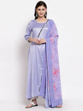 Myshka Women's Purple Silk Printed 3/4 Sleeve Round Neck Casual Anarkali Kurta Dupatta Set | Grocsy