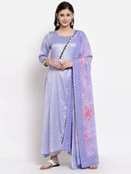 Myshka Women's Purple Silk Printed 3/4 Sleeve Round Neck Casual Anarkali Kurta Dupatta Set | Grocsy