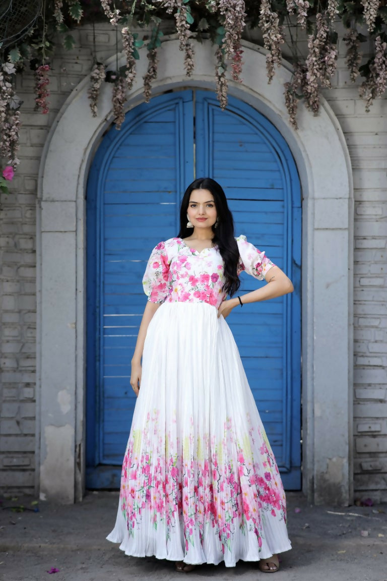 Jyoti Fashion Women's White Floral Digital Printed Chinon Anarkali Dress | Grocsy