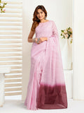 Joban Fashion Light Pink  Striped Linen Ready To Wear Saree With Unstitched Blouse | Grocsy