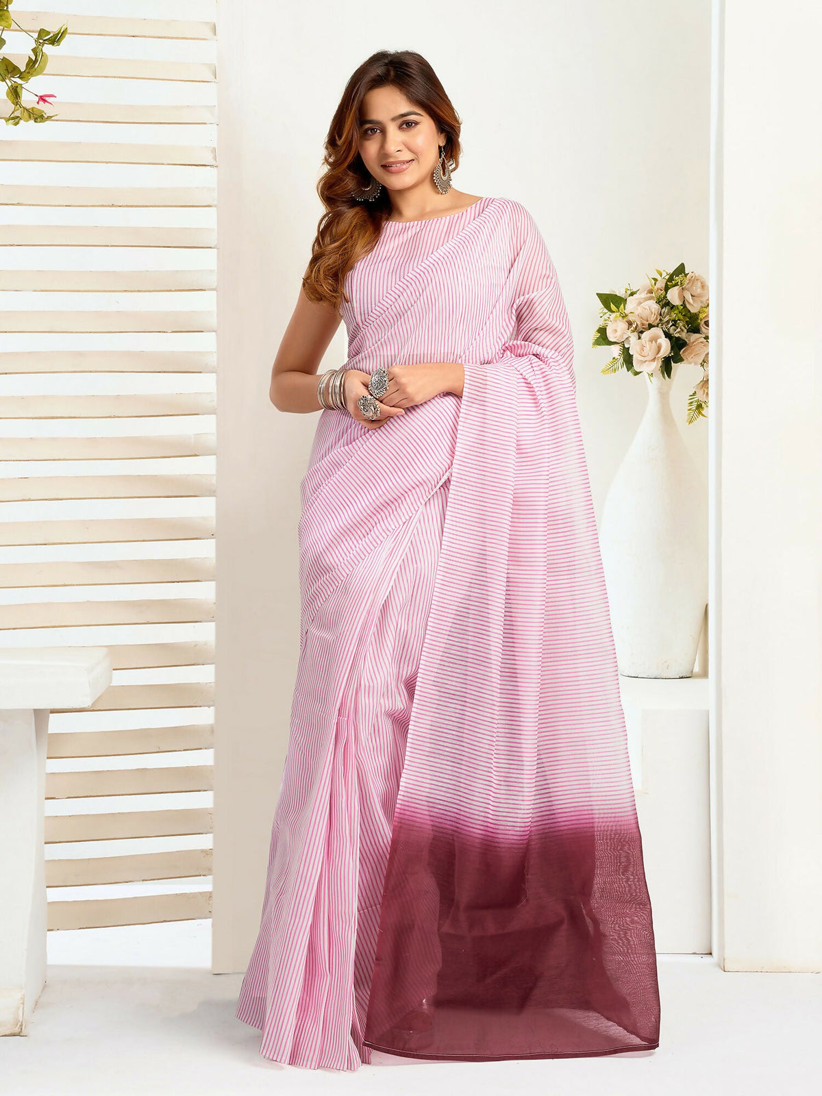 Joban Fashion Light Pink  Striped Linen Ready To Wear Saree With Unstitched Blouse | Grocsy