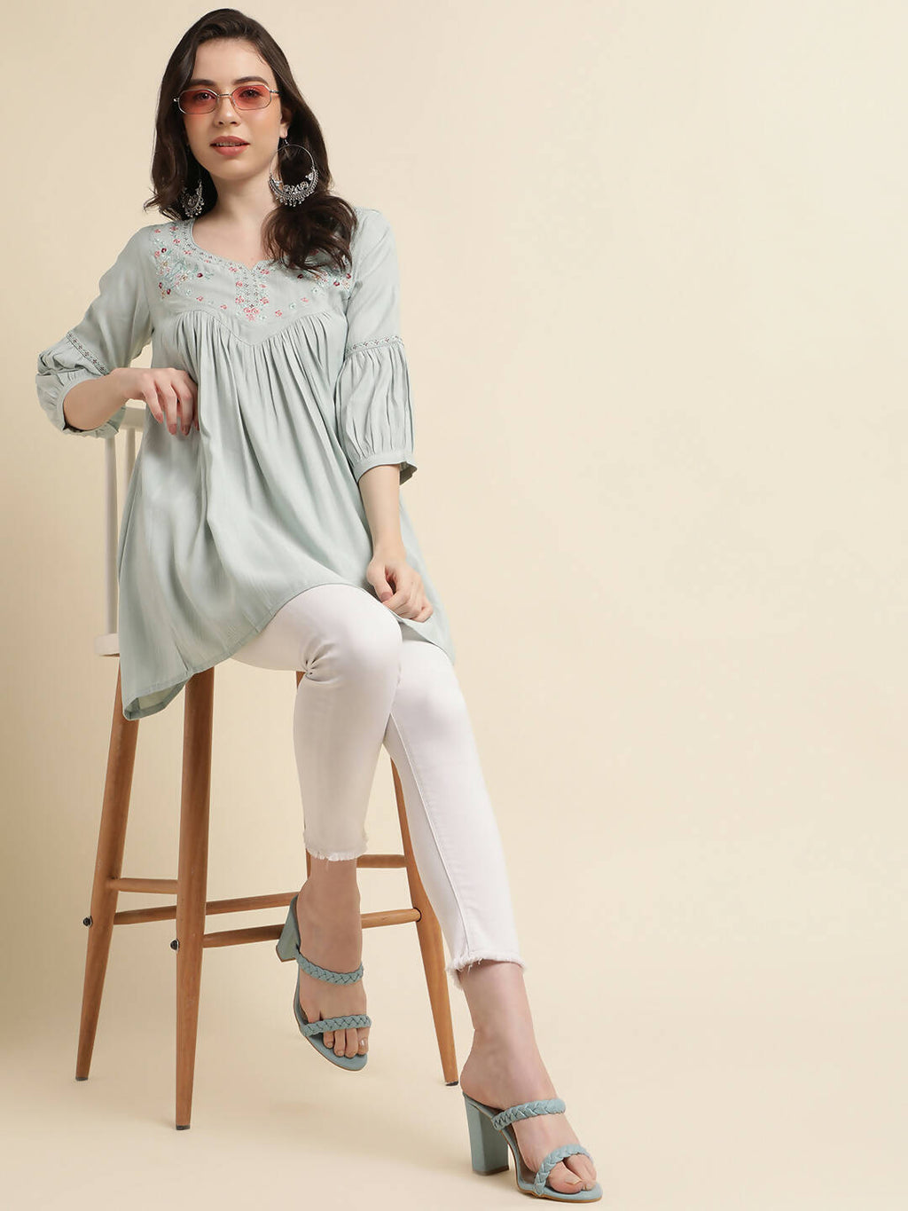 Light Blue Poly Cotton Yoke Embroidered A-line Top - Tarini | Grocsy