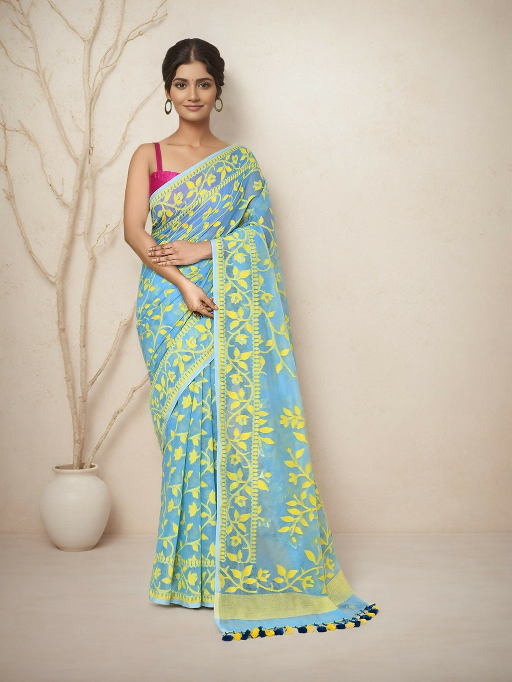 Joban Fashion Sky Blue Cotton Blend Jamdani Saree | Grocsy