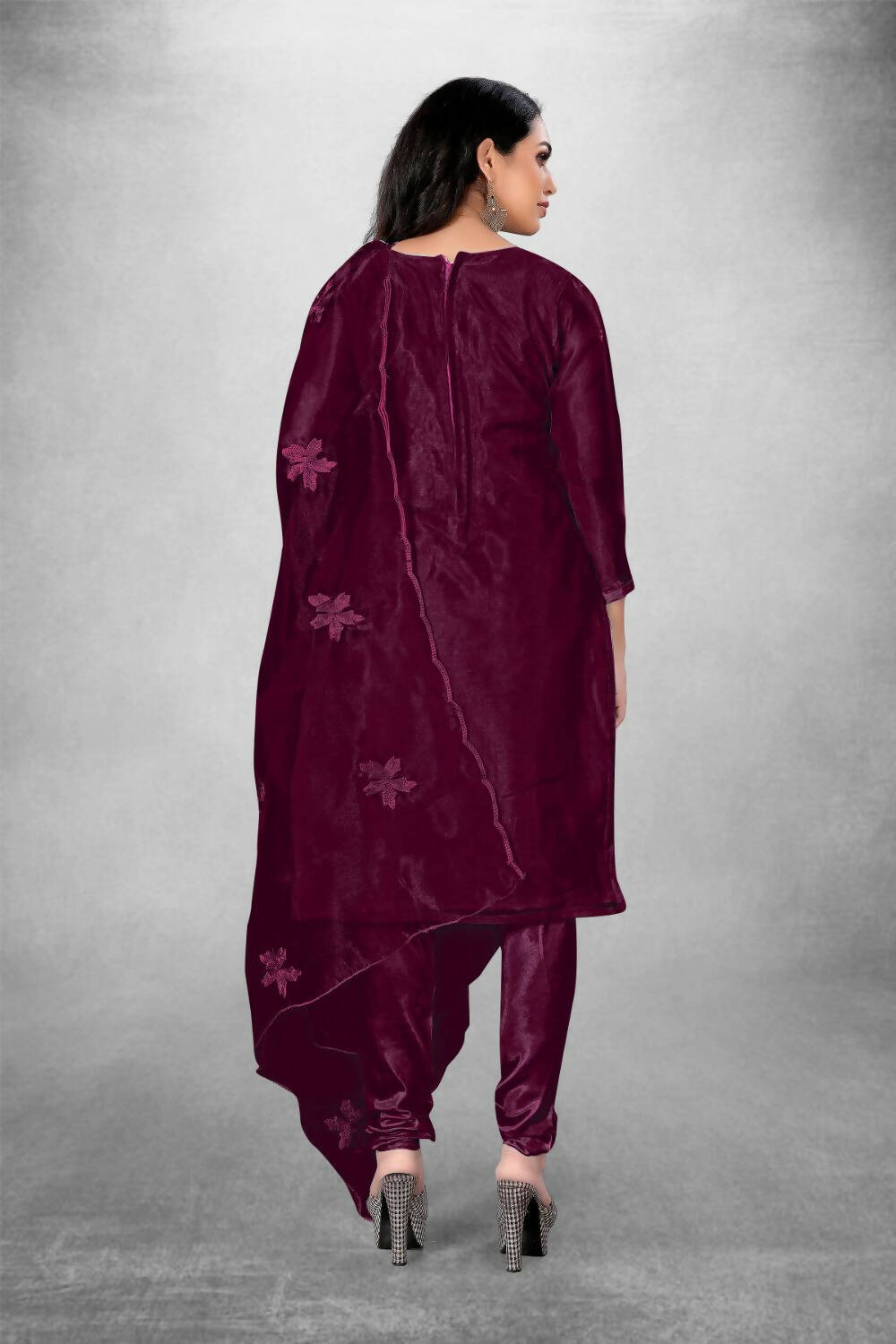 Wine Heavy Organza Silk Embroidered Unstitched Dress Material - Amara | Grocsy