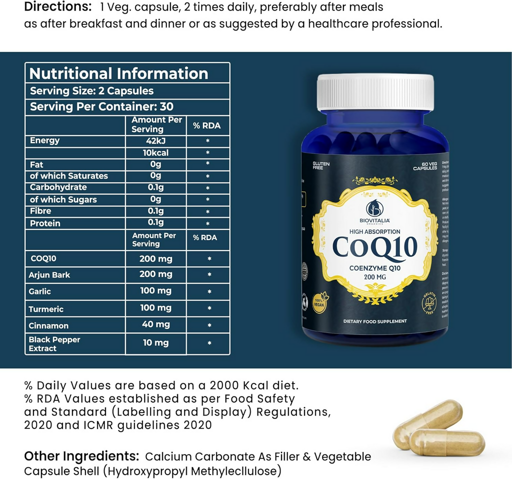 Biovitalia CoQ10 200 mg Coenzyme Q10 Supplement Capsules | Grocsy
