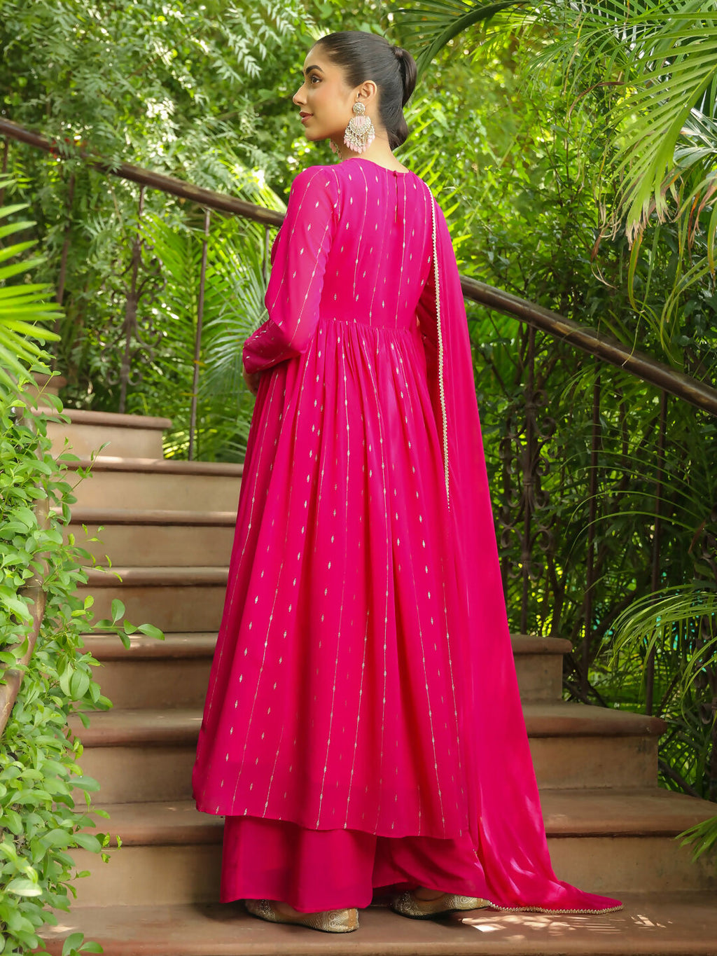 Janasya Pink Georgette Foil Print Kurta,Bottom & Dupatta | Grocsy