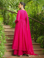 Janasya Pink Georgette Foil Print Kurta,Bottom & Dupatta | Grocsy