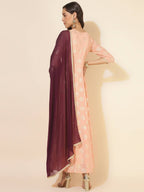 Janasya Women's Peach Georgette Foil Printed Festive Anarkali Kurta Set | Grocsy