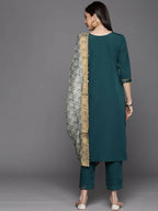 Ahalyaa Womens Dark Green Crepe Smoke Printed Kurta Pant Set With Dupatta | Grocsy