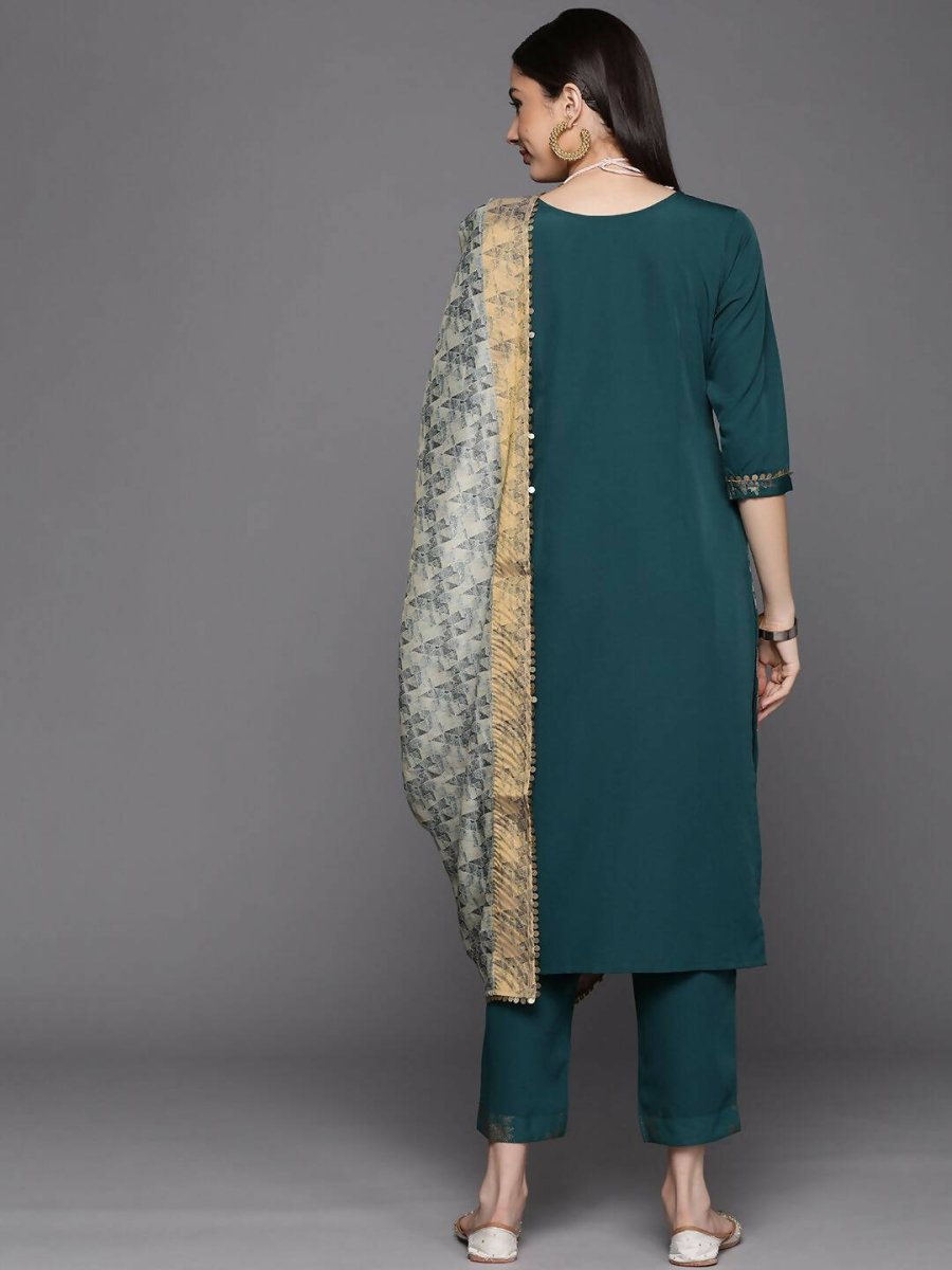 Ahalyaa Womens Dark Green Crepe Smoke Printed Kurta Pant Set With Dupatta | Grocsy
