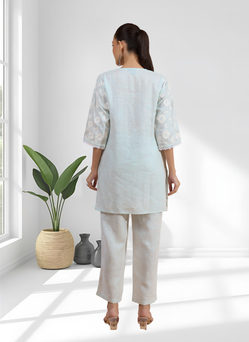 Joban Fashion Sky Blue Linen Embroidered Readymade Cord Set | Grocsy