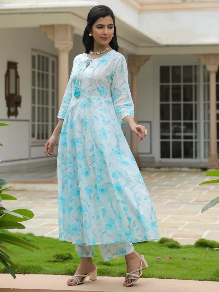 Aramya Flared Textured Cotton Floral Print Women's Kurta Set - White | Grocsy