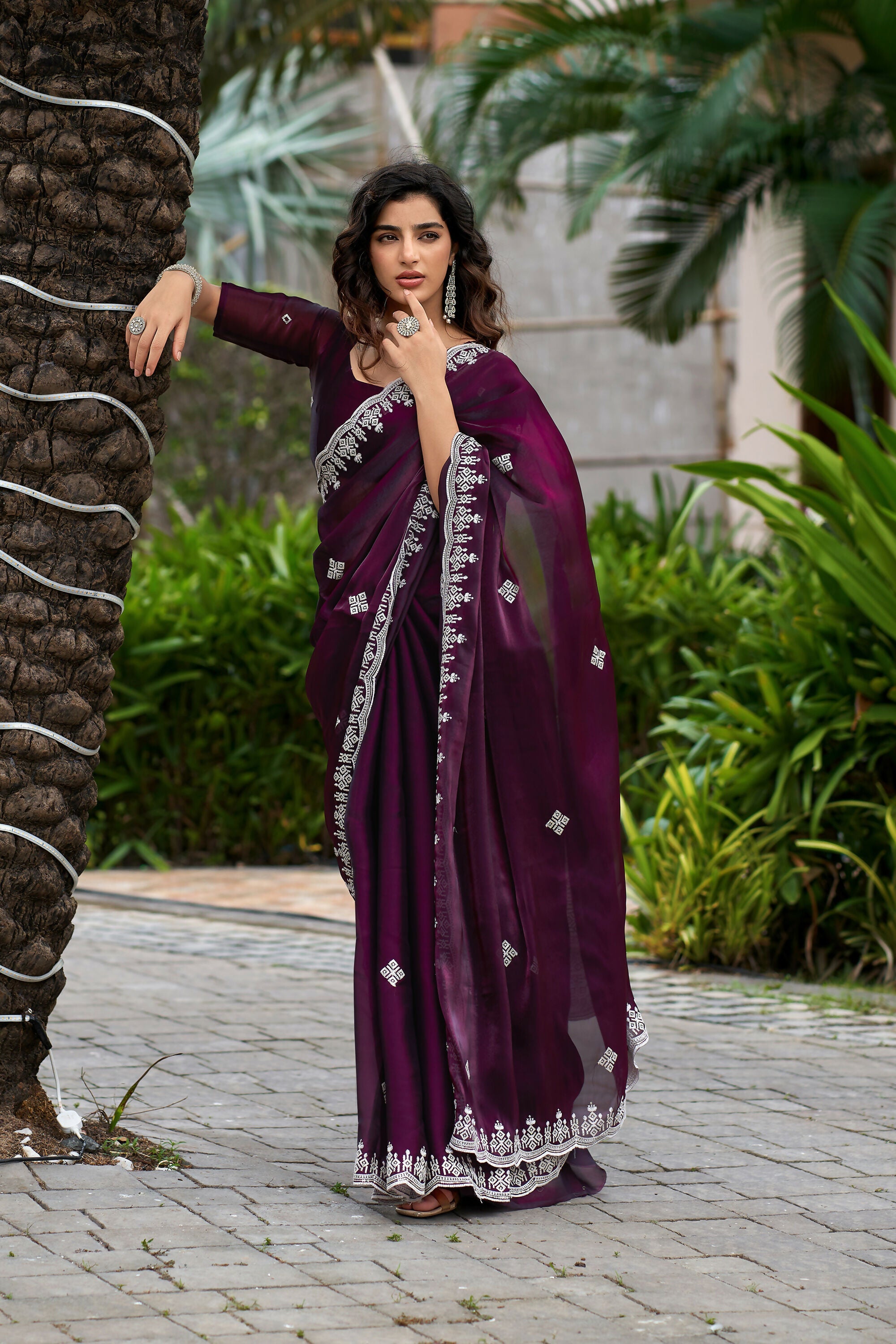 Vastranavya Wine Embroidery Work Shimmer Chiffon Saree with Unstitched Blouse | Grocsy
