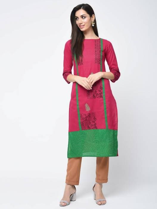 Aniyah Cotton Block Printed Straight Pink Kurta (AN-114K) | Grocsy