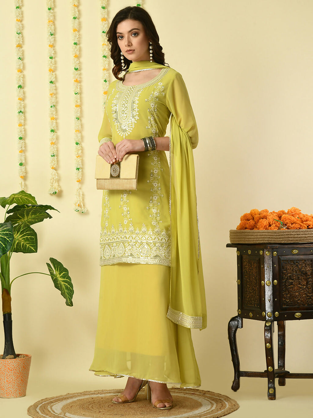 Myshka Women's Yellow Georgette Kurta & Skirt With Dupatta Party Sets | Grocsy