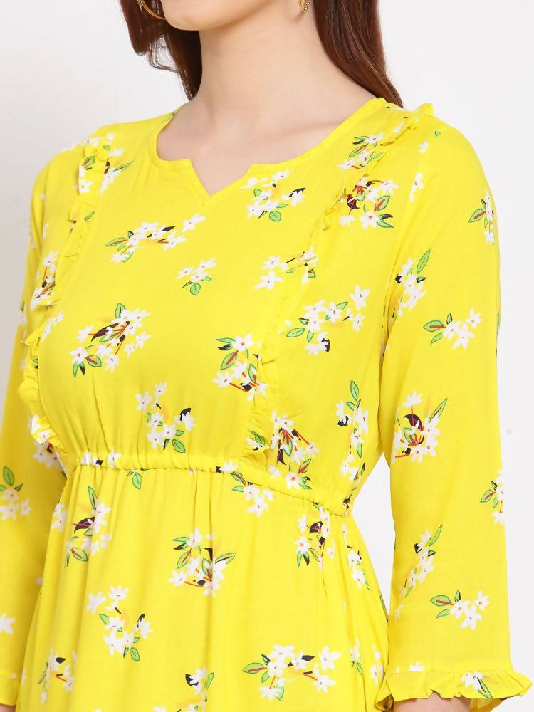 Myshka Women's Yellow Printed Cotton 3/4 Sleeve Round Neck Casual Dress | Grocsy