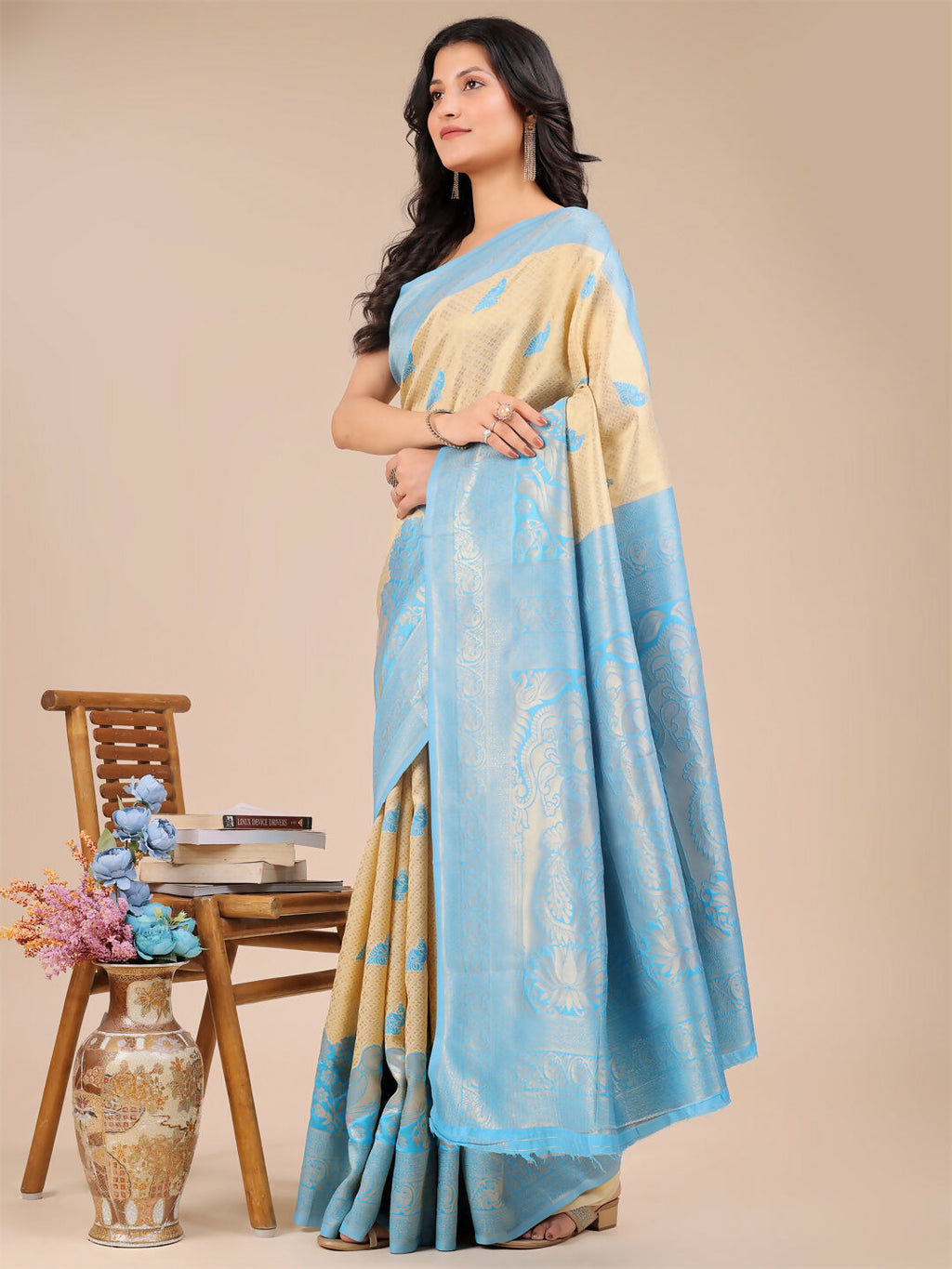 Shree Shyam Fashion Banarasi Silk Cream & Sky Blue Saree | Grocsy