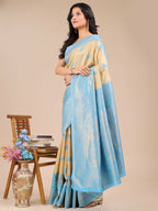 Shree Shyam Fashion Banarasi Silk Cream & Sky Blue Saree | Grocsy