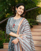 Juniper Women's Grey Cotton Printed Straight Kurta Pant Dupatta Set | Grocsy