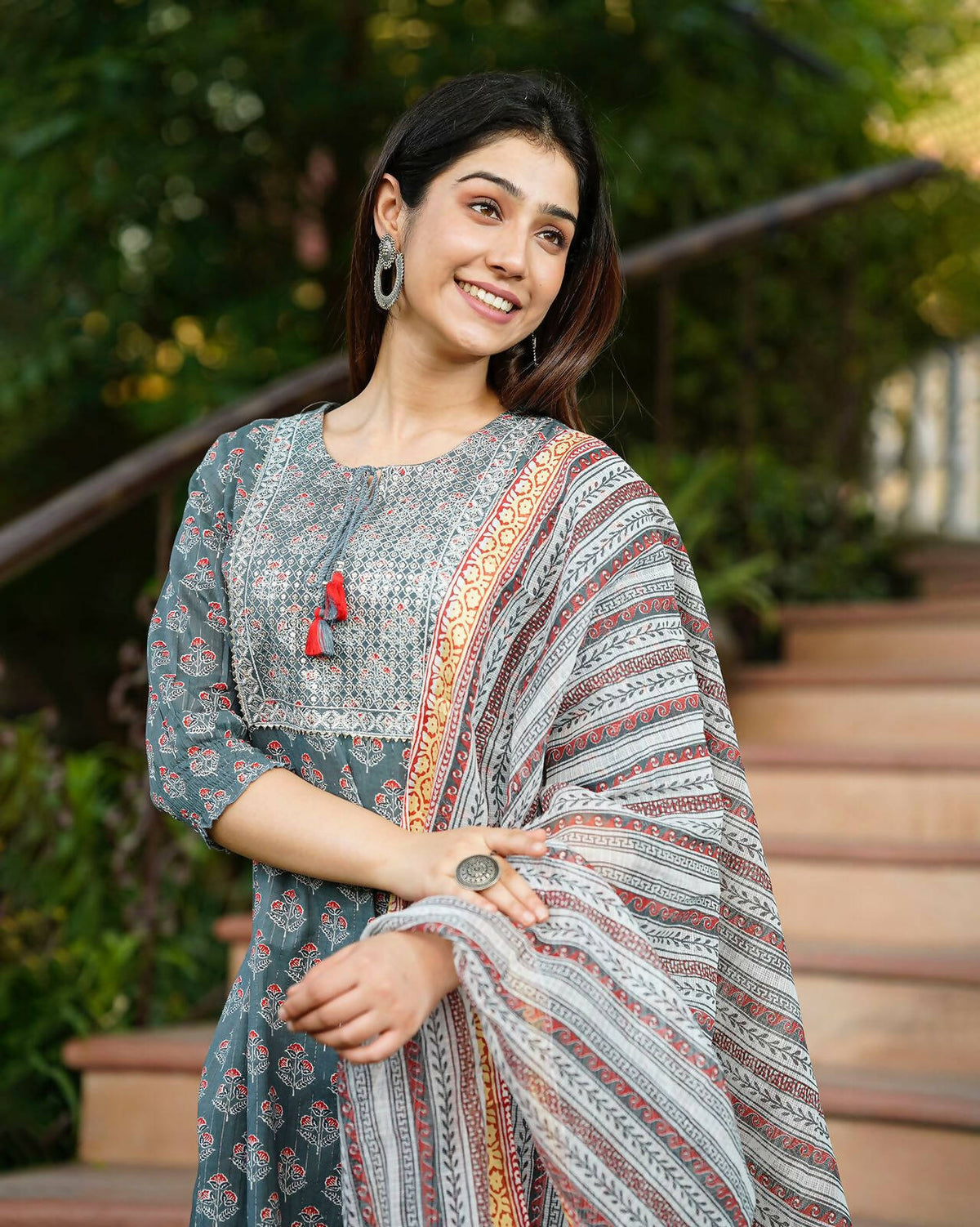 Juniper Women's Grey Cotton Printed Straight Kurta Pant Dupatta Set | Grocsy