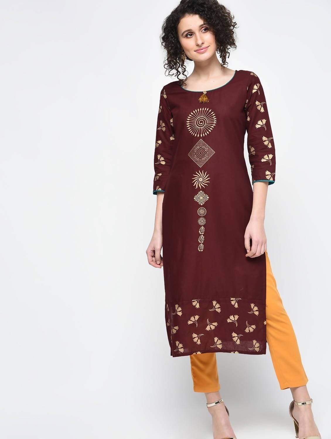 Cheera Hand Block Coffee Color Print Straight Kurta | Grocsy