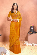 Mustard Chiffon Foil Printed Saree with Unstitched Blouse Piece - Rajal | Grocsy