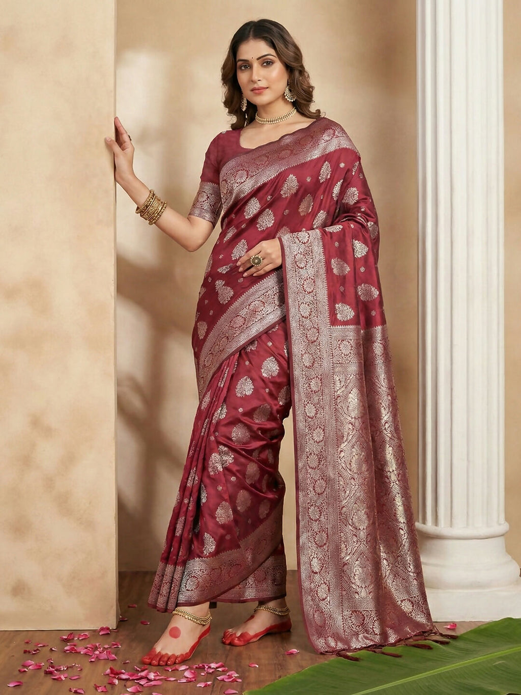 Shree Shyam Fashion Maroon Silk Blend Saree | Grocsy