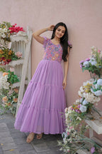 Jyoti Fashion Women's Purple Printed with Sequins Faux Georgette Anarkali Dress | Grocsy