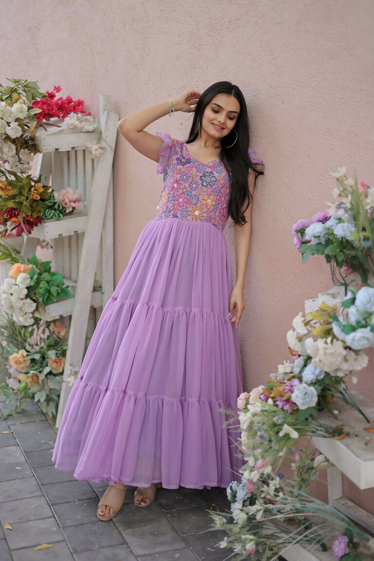 Jyoti Fashion Women's Purple Printed with Sequins Faux Georgette Anarkali Dress | Grocsy