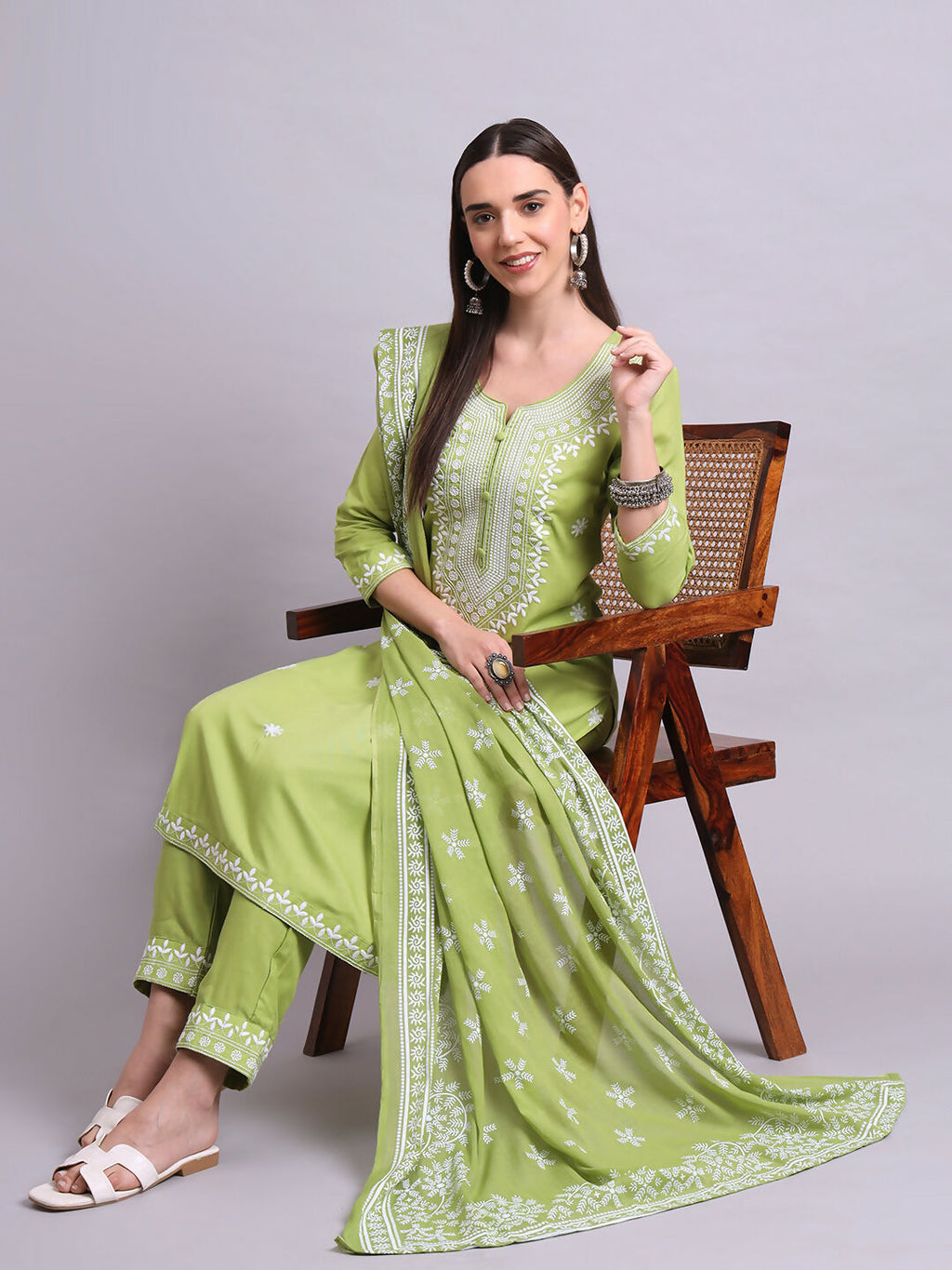 Joban Fashion Green Cotton & Embroidery Work Kurta With Trousers & Dupatta Set | Grocsy