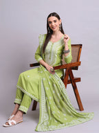 Joban Fashion Green Cotton & Embroidery Work Kurta With Trousers & Dupatta Set | Grocsy