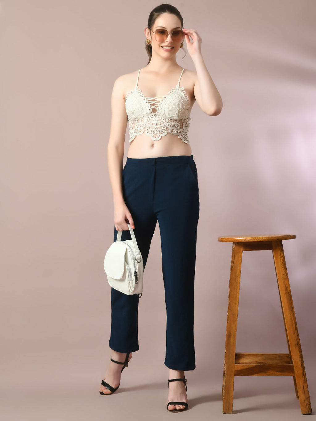 Myshka Women'sNavy Blue Solid Party straight Trousers | Grocsy