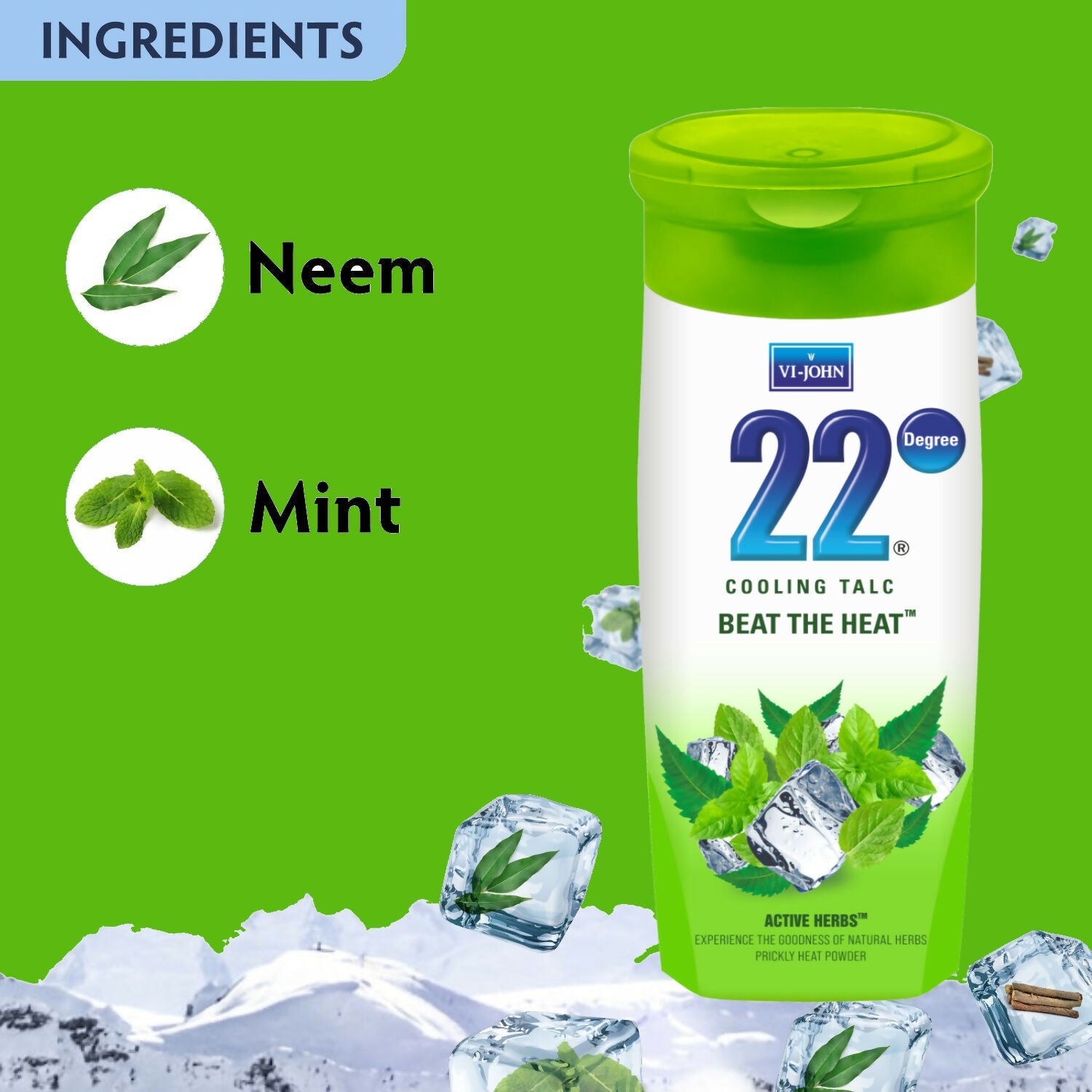 VI-JOHN 22 Degree Cooling Talc Beat the Heat Neem and Mint | Grocsy