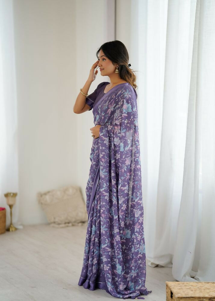 PR Fashion Lavender Bright Moss Satin Patta Printed Saree | Grocsy