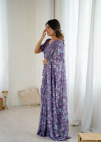 PR Fashion Lavender Bright Moss Satin Patta Printed Saree | Grocsy