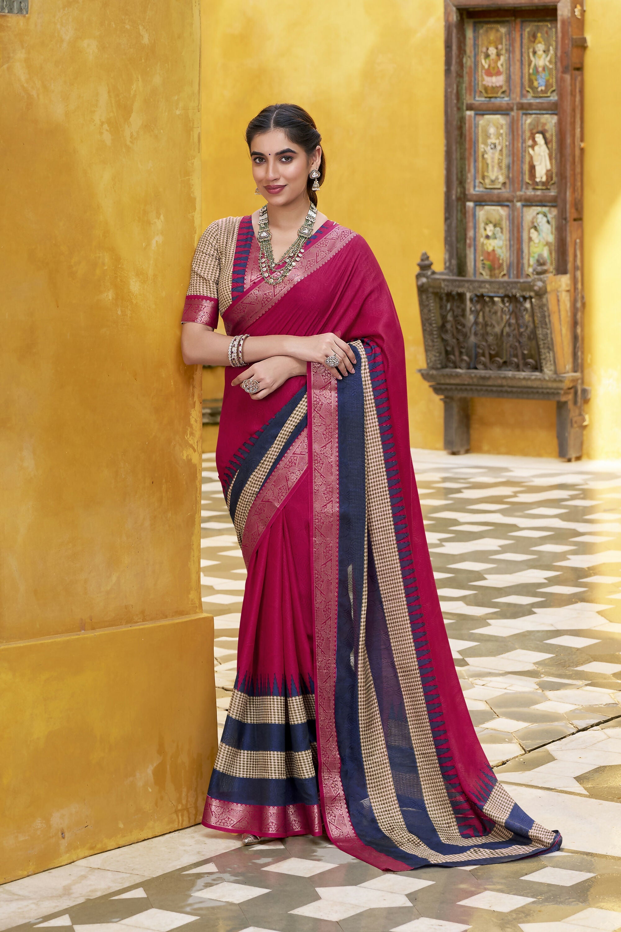 Vastranavya Pink Printed with Zari Weaving Work Poly Cotton Saree & Unstitched Blouse | Grocsy
